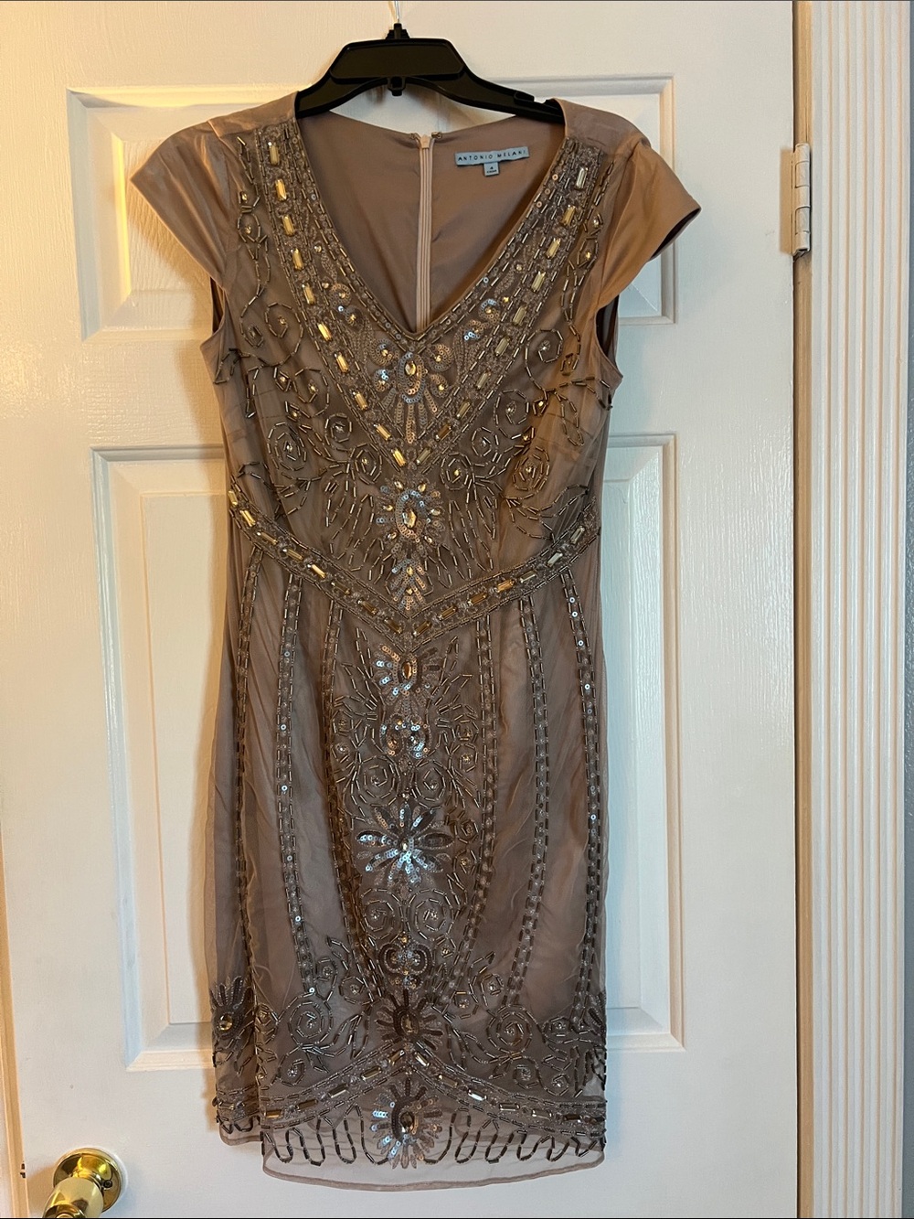 Antonio Melani Taupe Beaded V-Neck Cocktail Dress